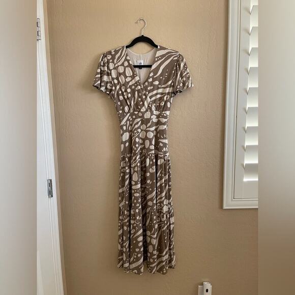 CAbi Swoon Brown Printed Faux Wrap Cinch Back Style #6147 Maxi Dress S - Picture 2 of 7